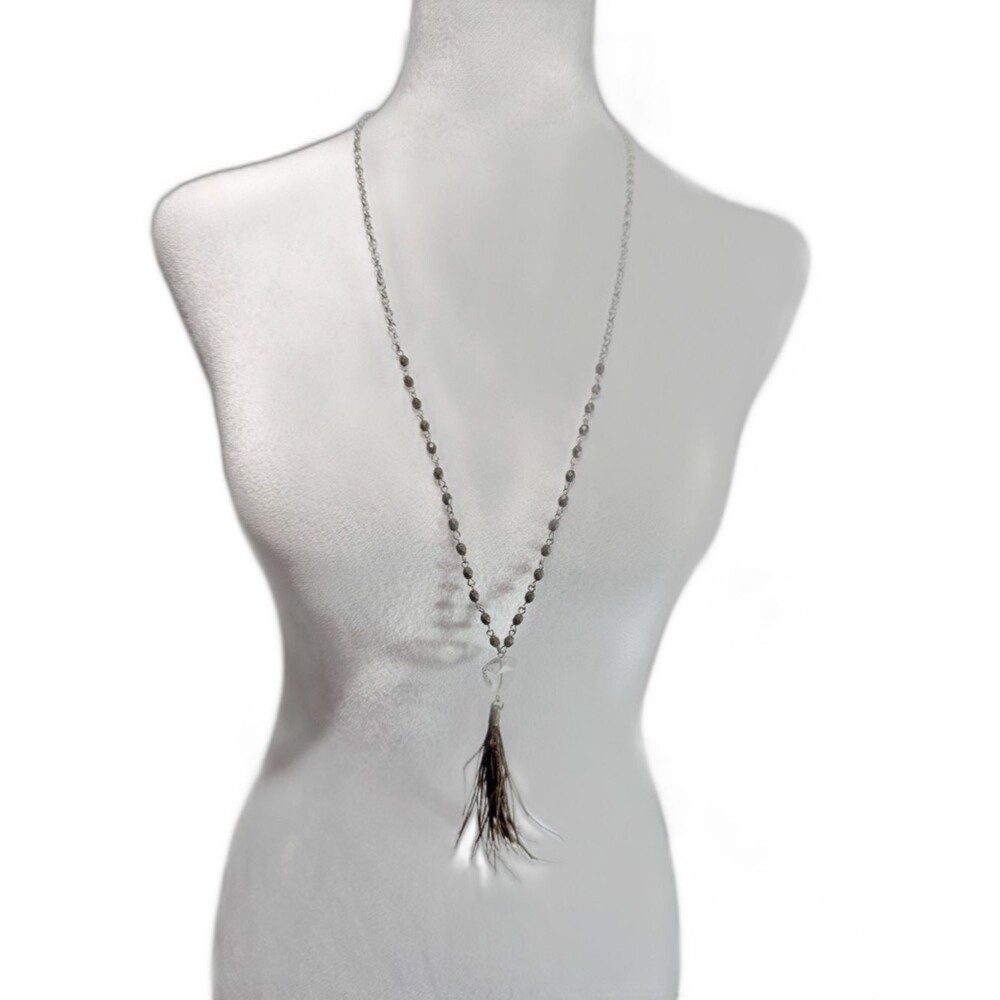 American Eagle Long Beaded Feather Necklace Boho Brown Silver Tone Tassel
